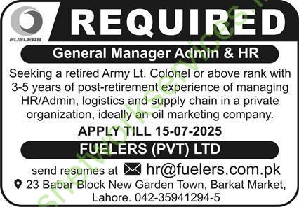 Fuelers (Pvt) Ltd – General Manager Admin & HR Position