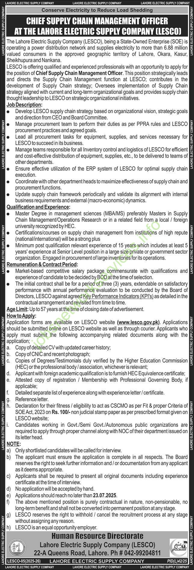 Lahore Electric Supply Company (LESCO) – Chief Supply Chain Management Officer Position