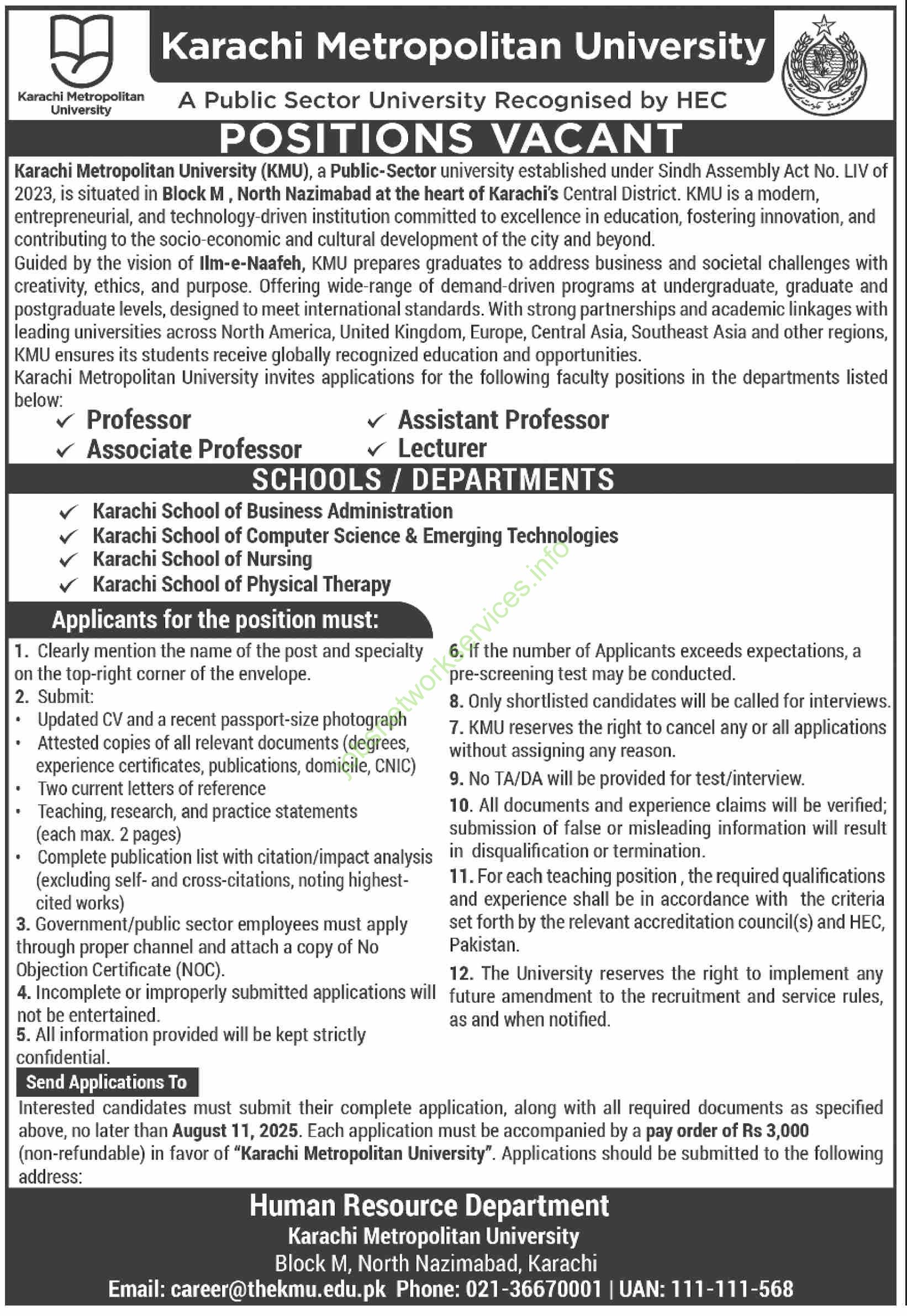 Karachi Metropolitan University Announces Faculty Positions