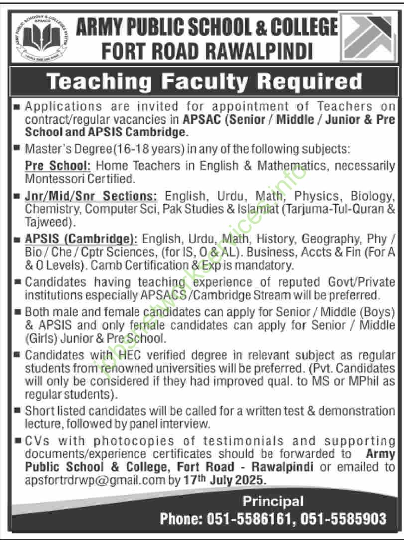 Army Public School & College Rawalpindi Jobs 2025
