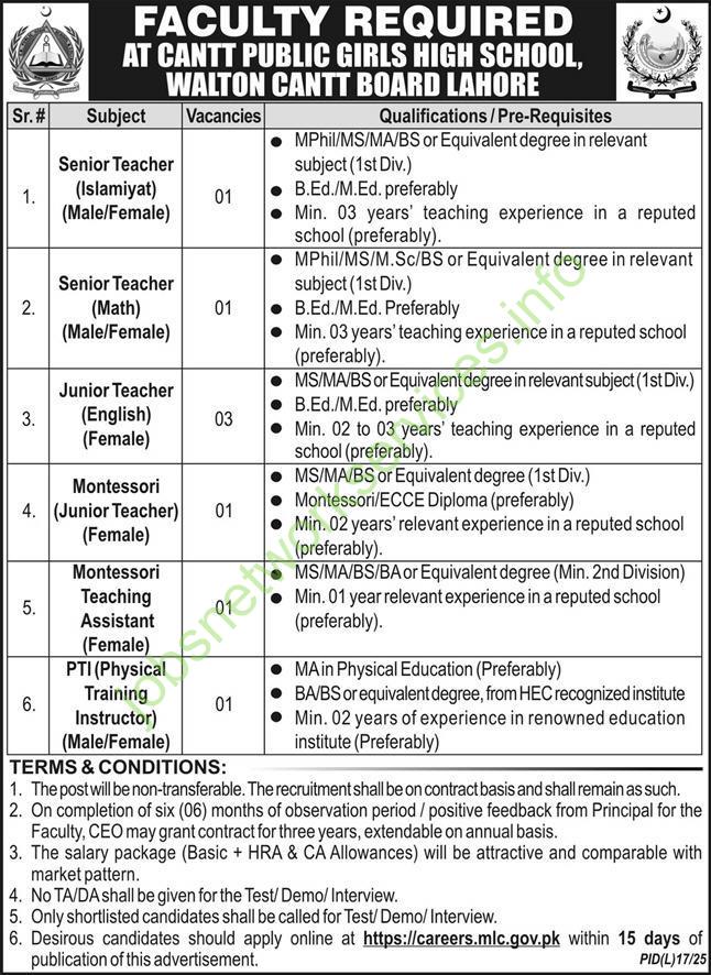 Cantt Public Girls High School Lahore Jobs 2025