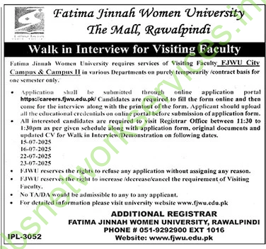 Fatima Jinnah Women University Rawalpindi Jobs 2025