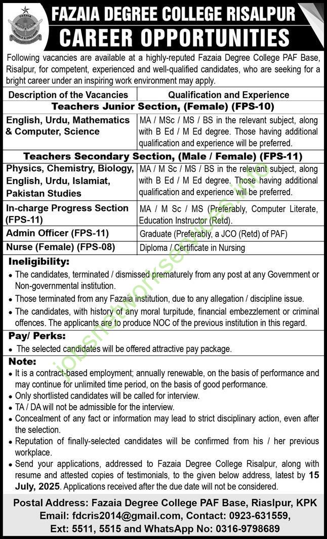 Fazaia Degree College Risalpur Jobs 2025