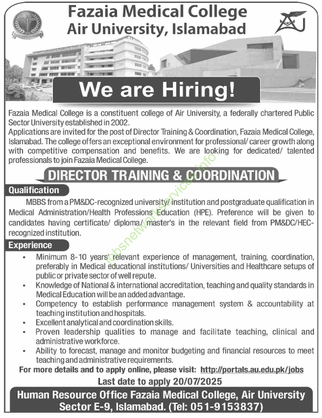 Fazaia Medical College – Career Opportunity | Air University, Islamabad