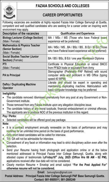 Fazaia Schools and Colleges Quetta Jobs 2025