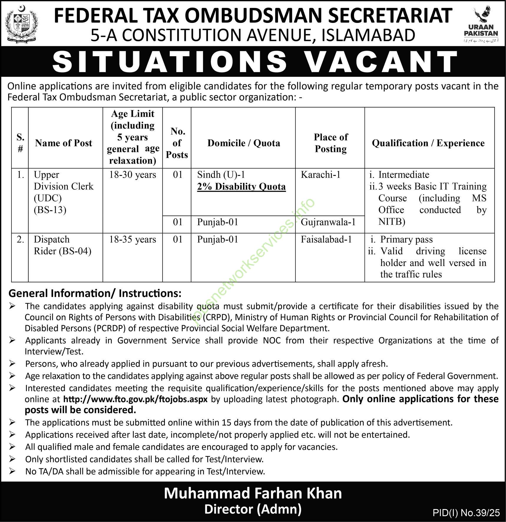 Federal Tax Ombudsman Secretariat Islamabad Jobs 2025