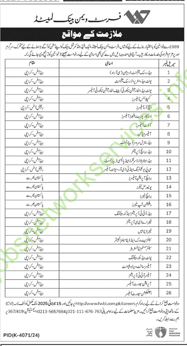 First Women Bank Jobs 2025 Latest FWBL Jobs