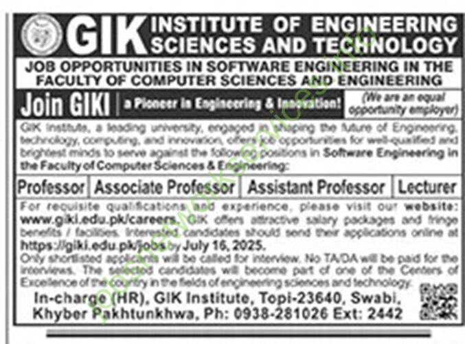 GIK Institute of Engineering Sciences and Technology Jobs 2025