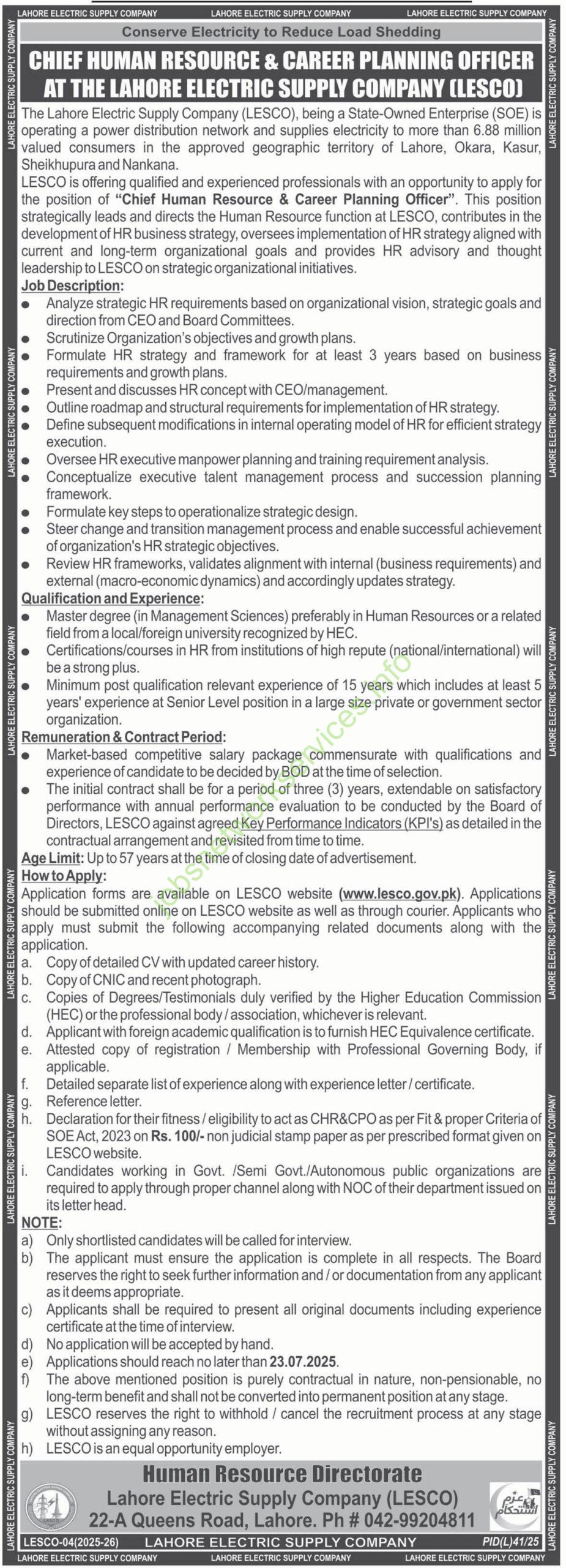 Lahore Electric Supply Company LESCO Jobs 2025