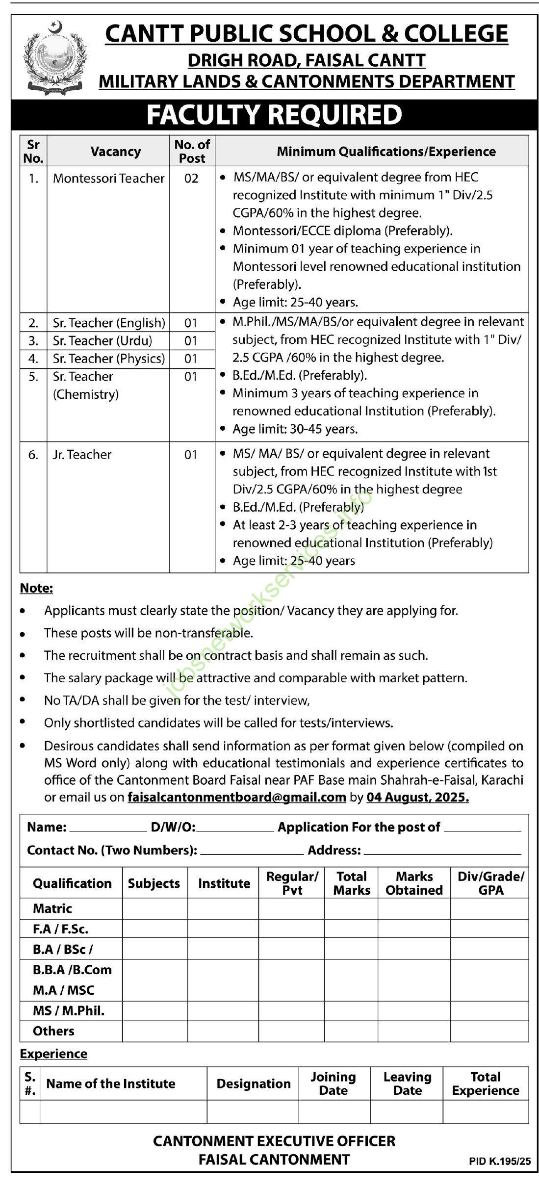 Military Lands & Cantonments Department Jobs 2025