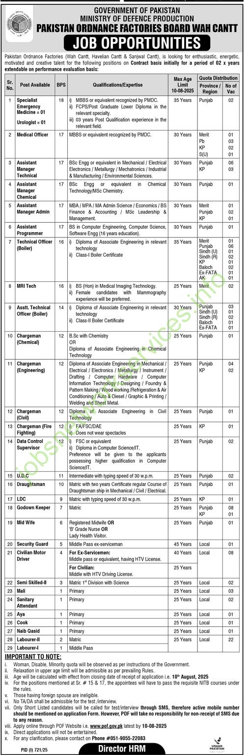 Pakistan Ordnance Factories Announces Job Openings