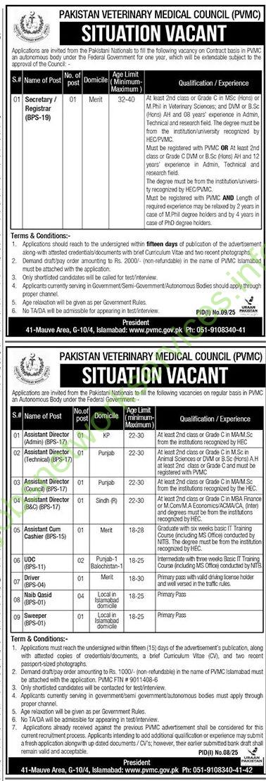 Pakistan Veterinary Medical Council PVMC Jobs 2025