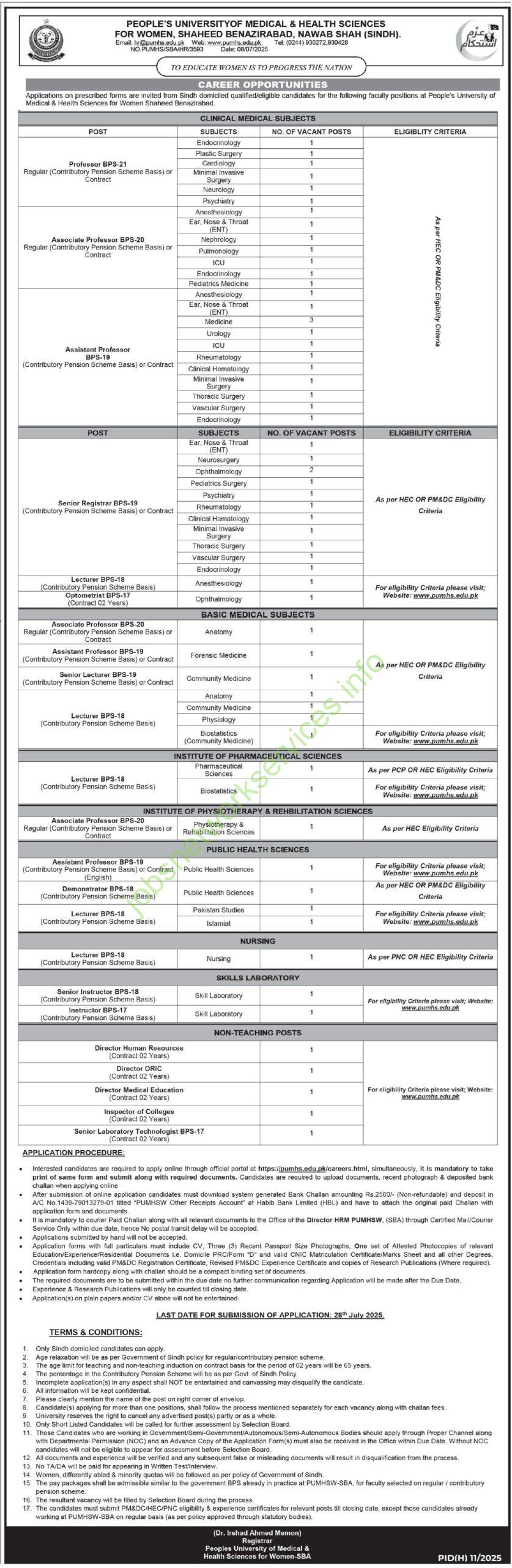 People's University of Medical & Health Sciences PUMHS Jobs 2025