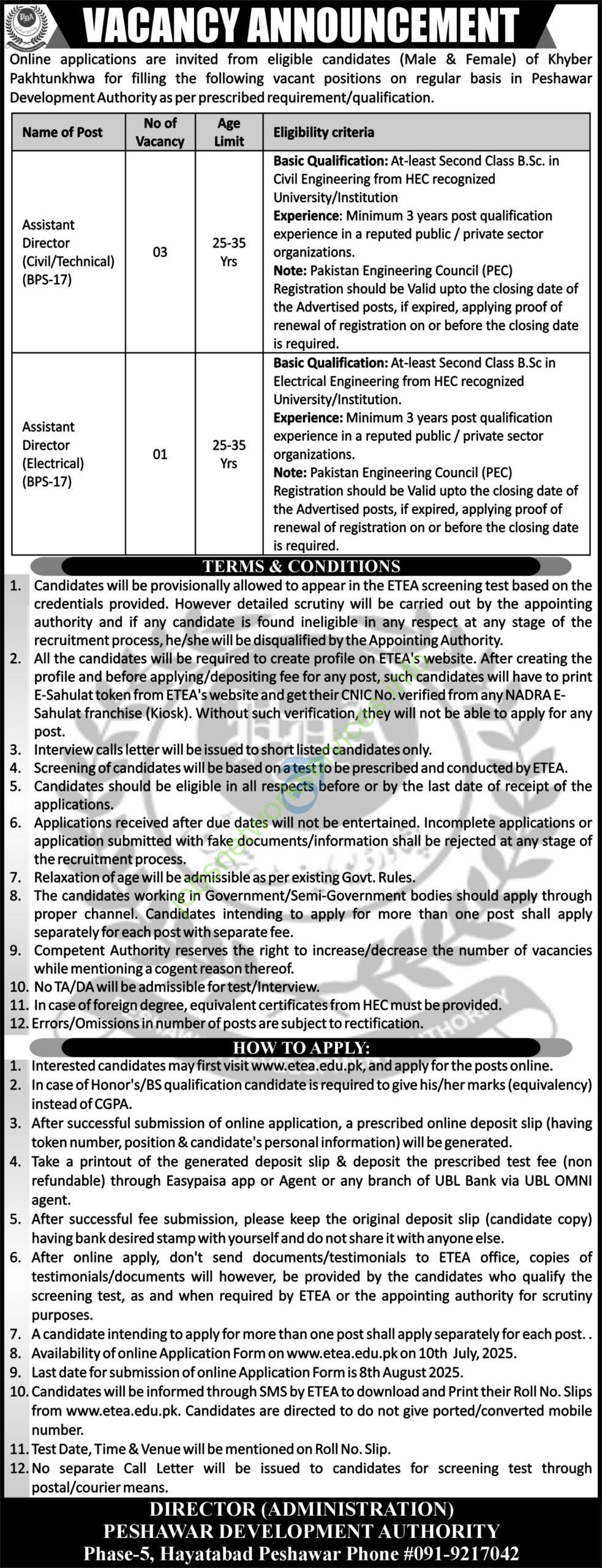 Peshawar Development Authority PDA Jobs 2025 Via ETEA Jobs