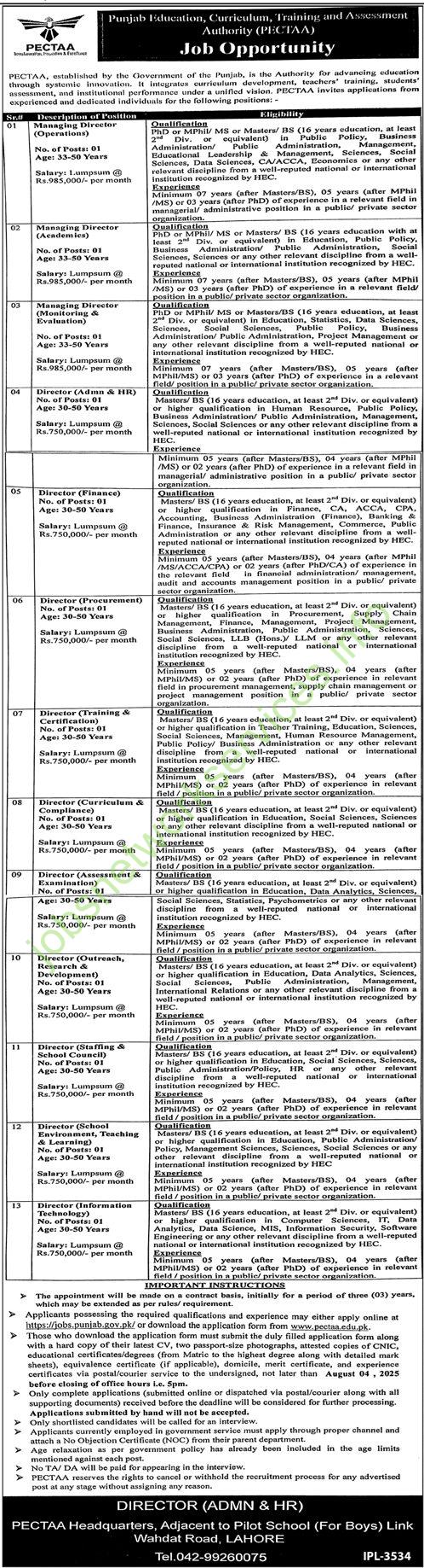 Punjab Education Curriculum Training and Assessment Authority PECTAA Jobs 2025