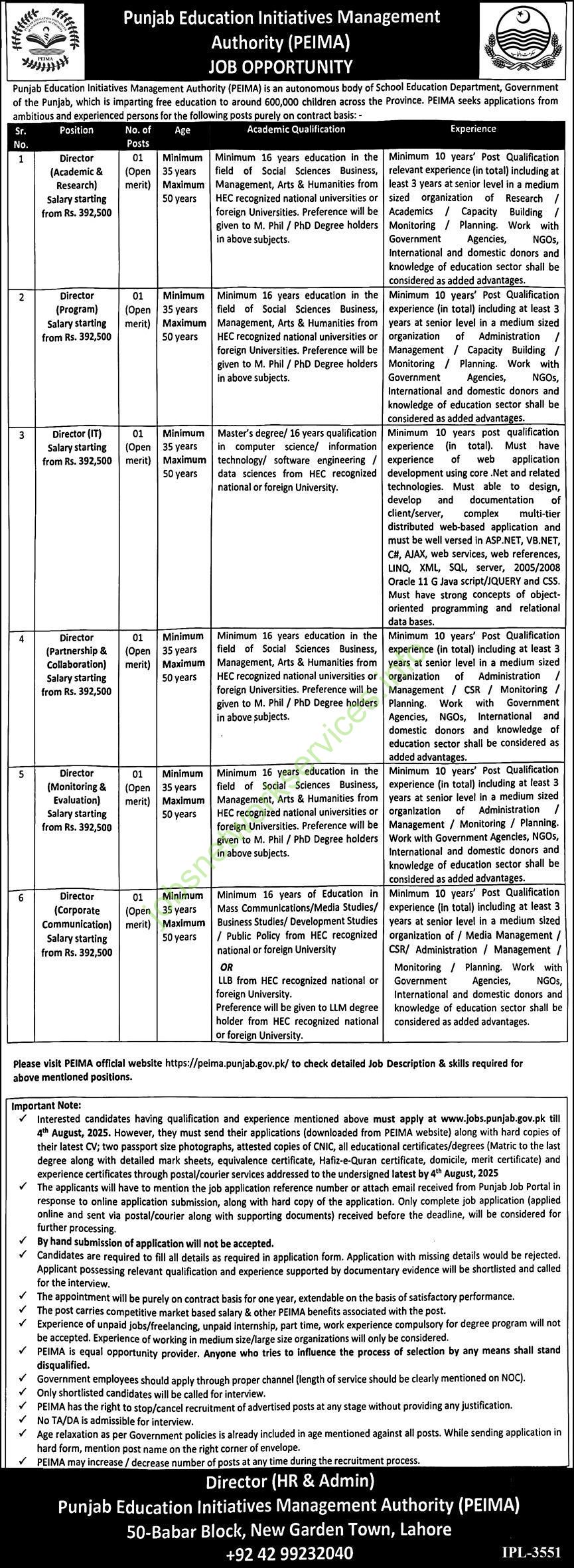 Punjab Education Initiatives Management Authority PEIMA Jobs 2025