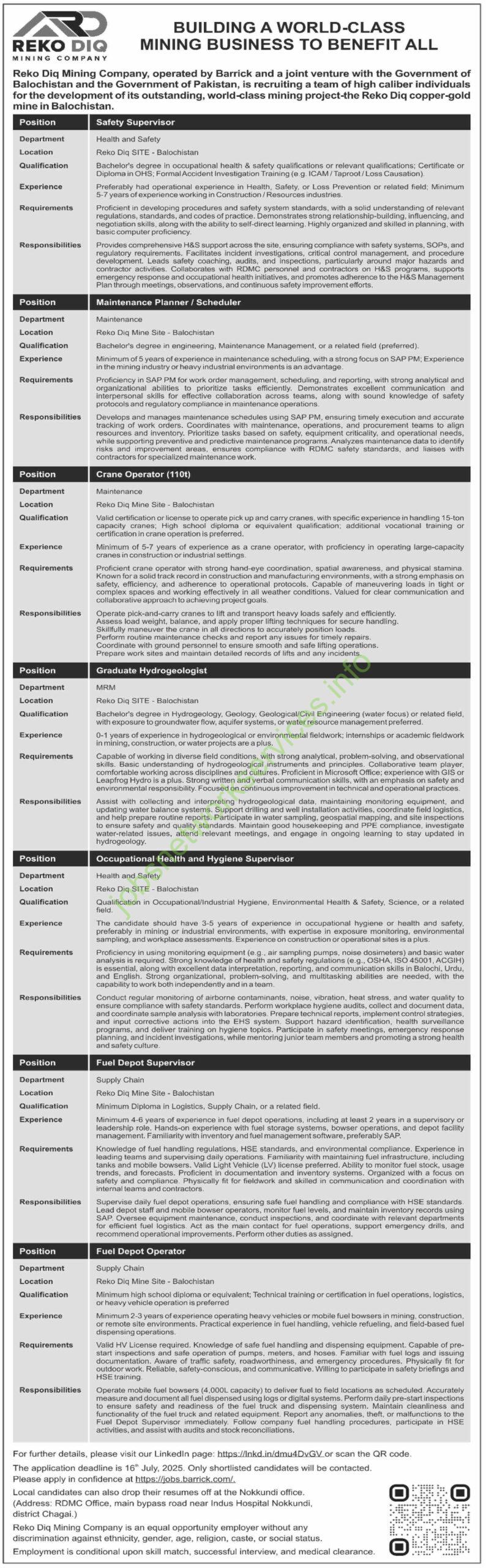 Reko Diq Mining Company Barrick Jobs 2025