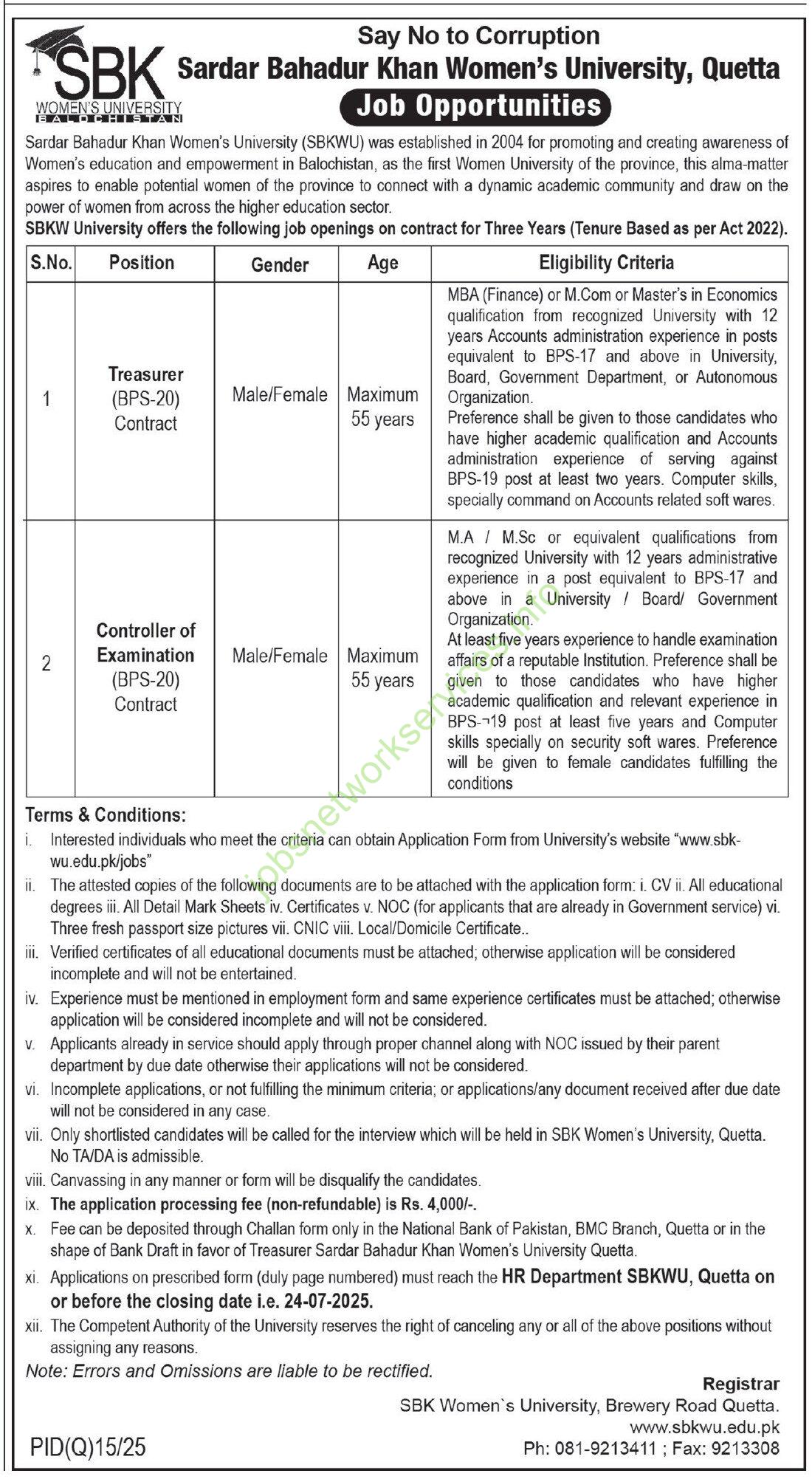 Sardar Bahadur Khan Women University Quetta Jobs 2025