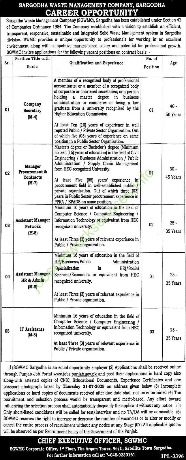 Sargodha Waste Management Company Sargodha Jobs 2025 Latest SGWMC Jobs