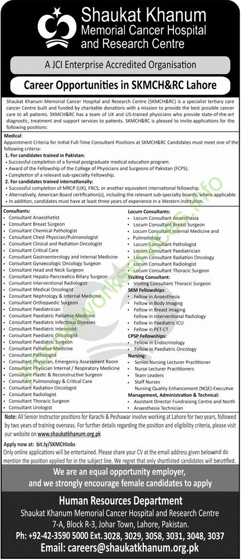 Shaukat Khanum Memorial Cancer Hospital and Research Centre SKMCH &RC Lahore Jobs 2025