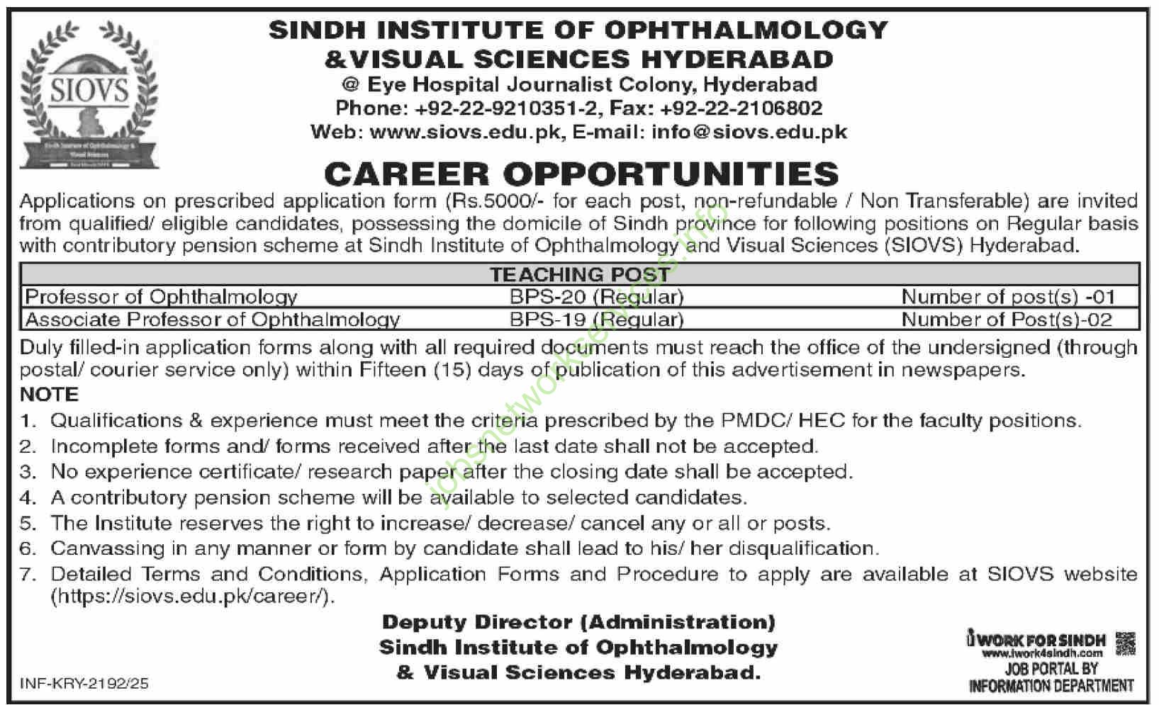 Sindh Institute of Ophthalmology & Visual Sciences Hyderabad Jobs 2025