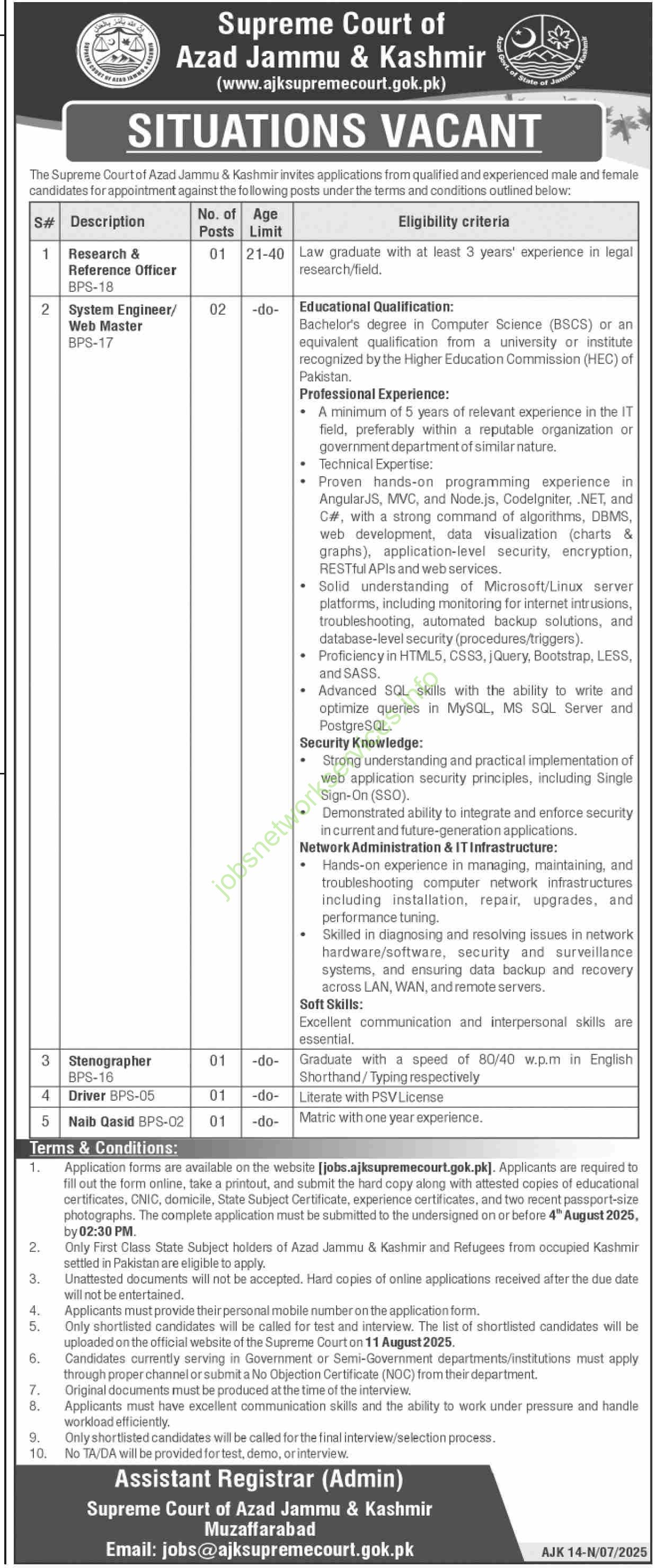 Supreme Court of Azad Jammu & Kashmir Jobs 2025