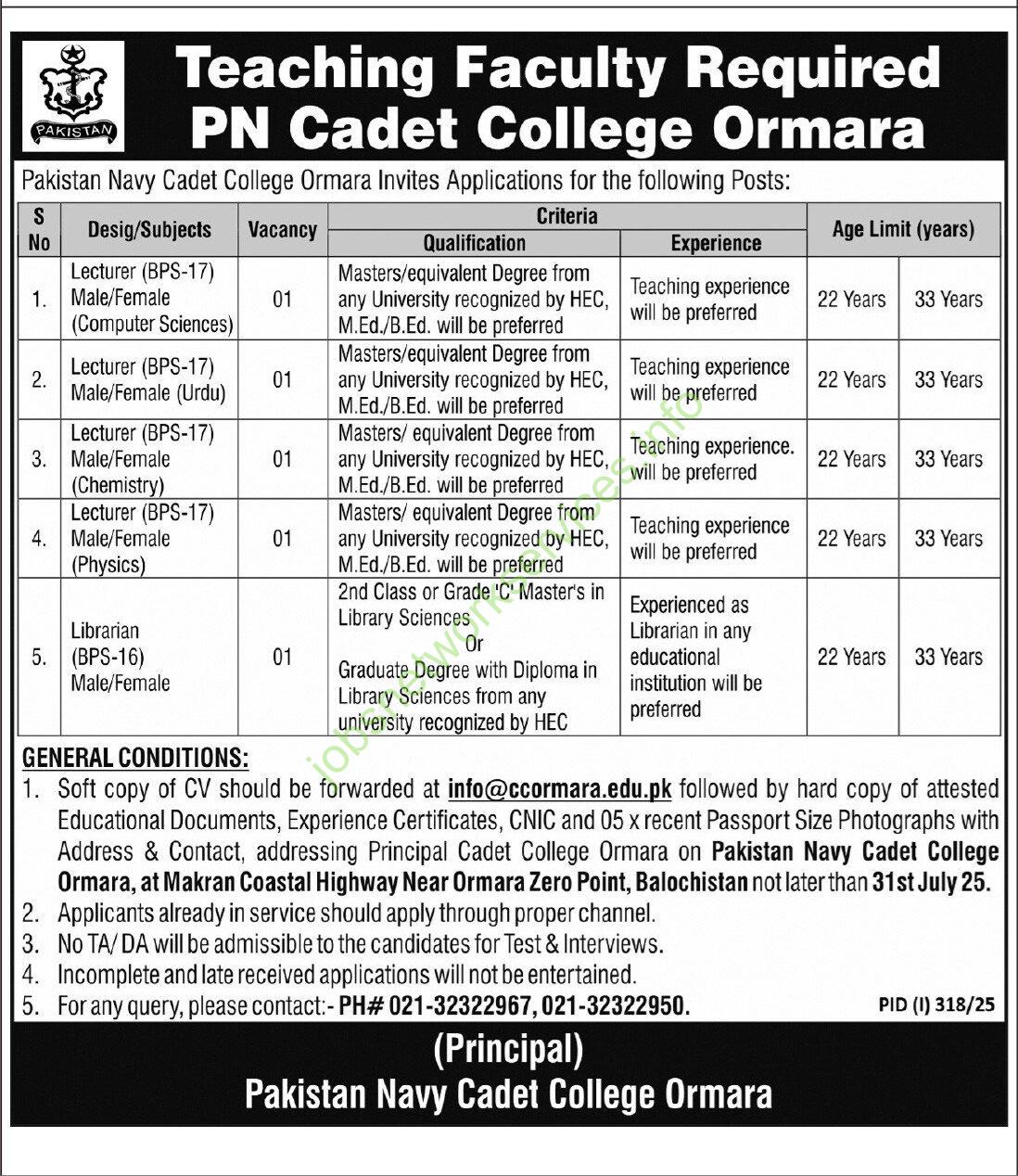 Teaching Faculty Required PN Cadet Colllege Ormara Jobs 2025