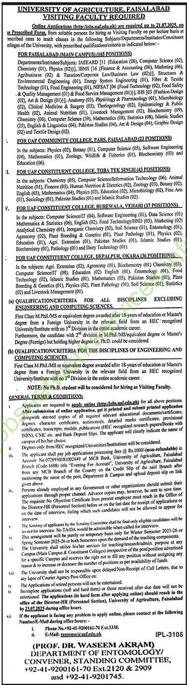 University of Agriculture Faisalabad Jobs 2025 Visiting Faculty Required UAF Jobs