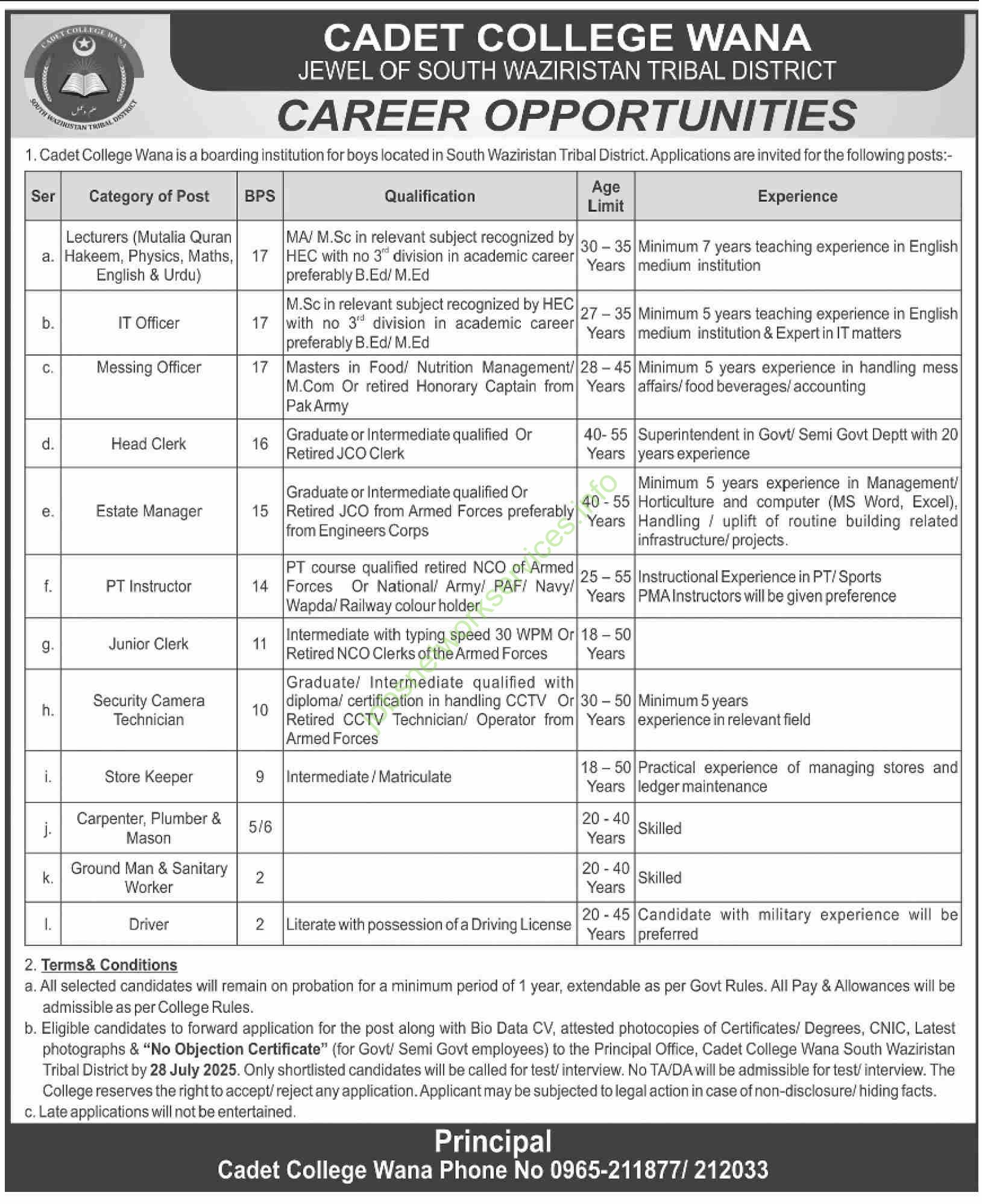 Cadet College Wana – Career Opportunities | South Waziristan Tribal District