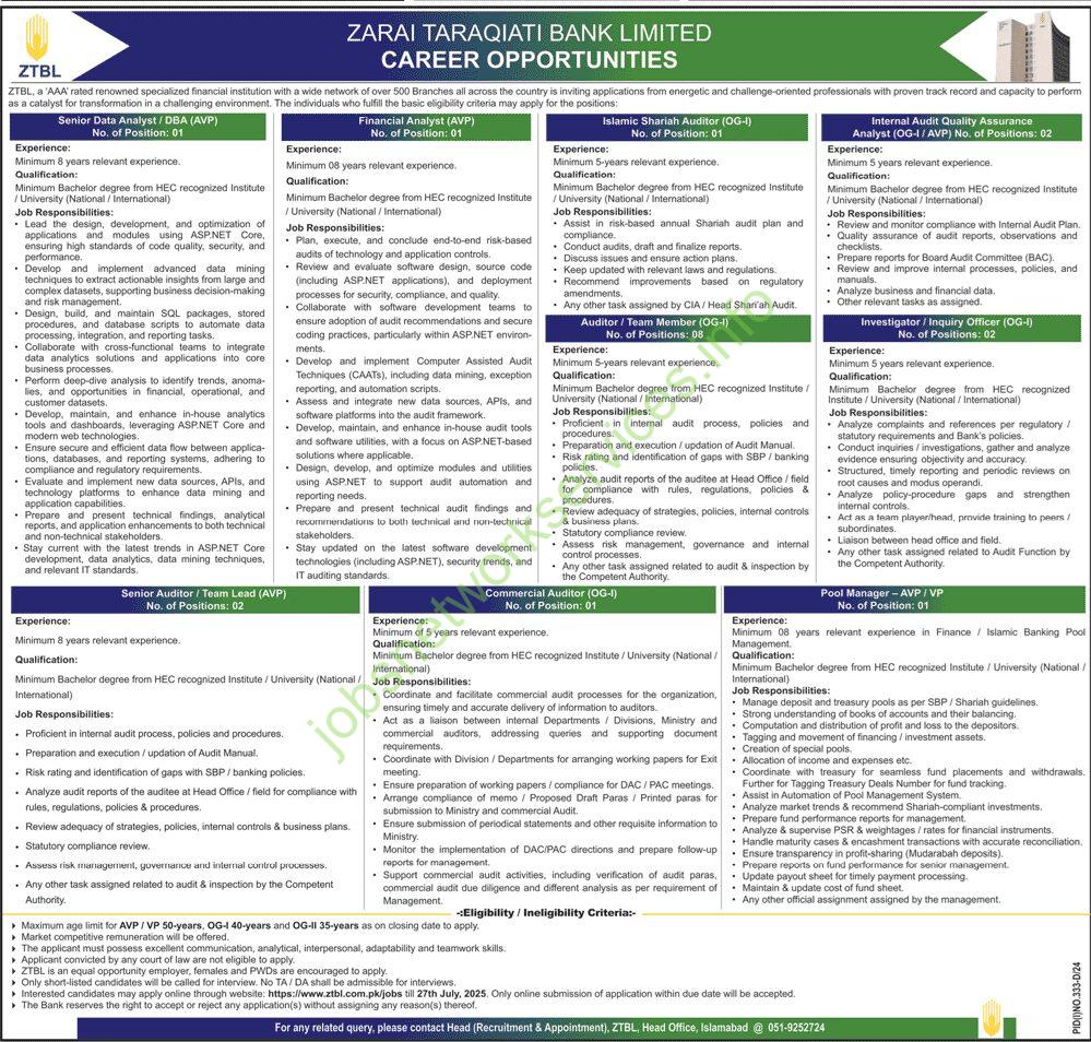 Zarai Taraqiati Bank Limited ZTBL Jobs 2025