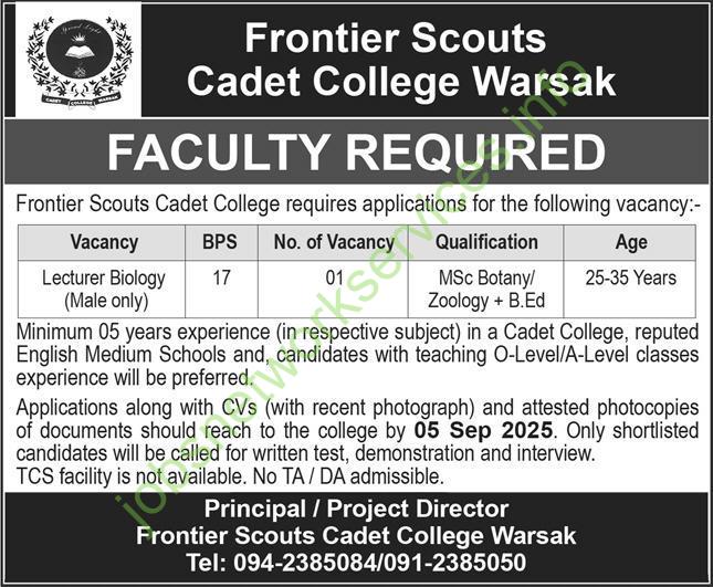 Cadet College Warsak CCW New Jobs 2025