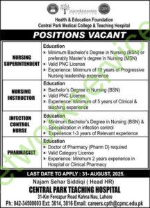 Health & Education Foundation Central Park Medical College & Teaching Hospital POSITIONS VACANT 2025