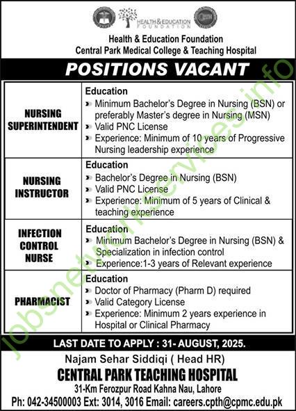 Health & Education Foundation Central Park Medical College & Teaching Hospital POSITIONS VACANT 2025