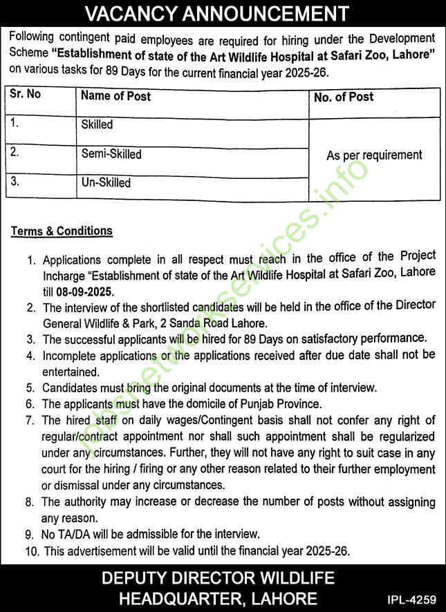 Safari Zoo Lahore New Jobs 2025