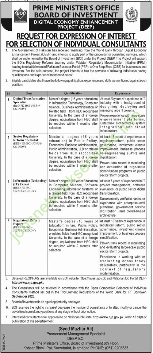 Board of Investment (BOI) Jobs 2025 Project Base
