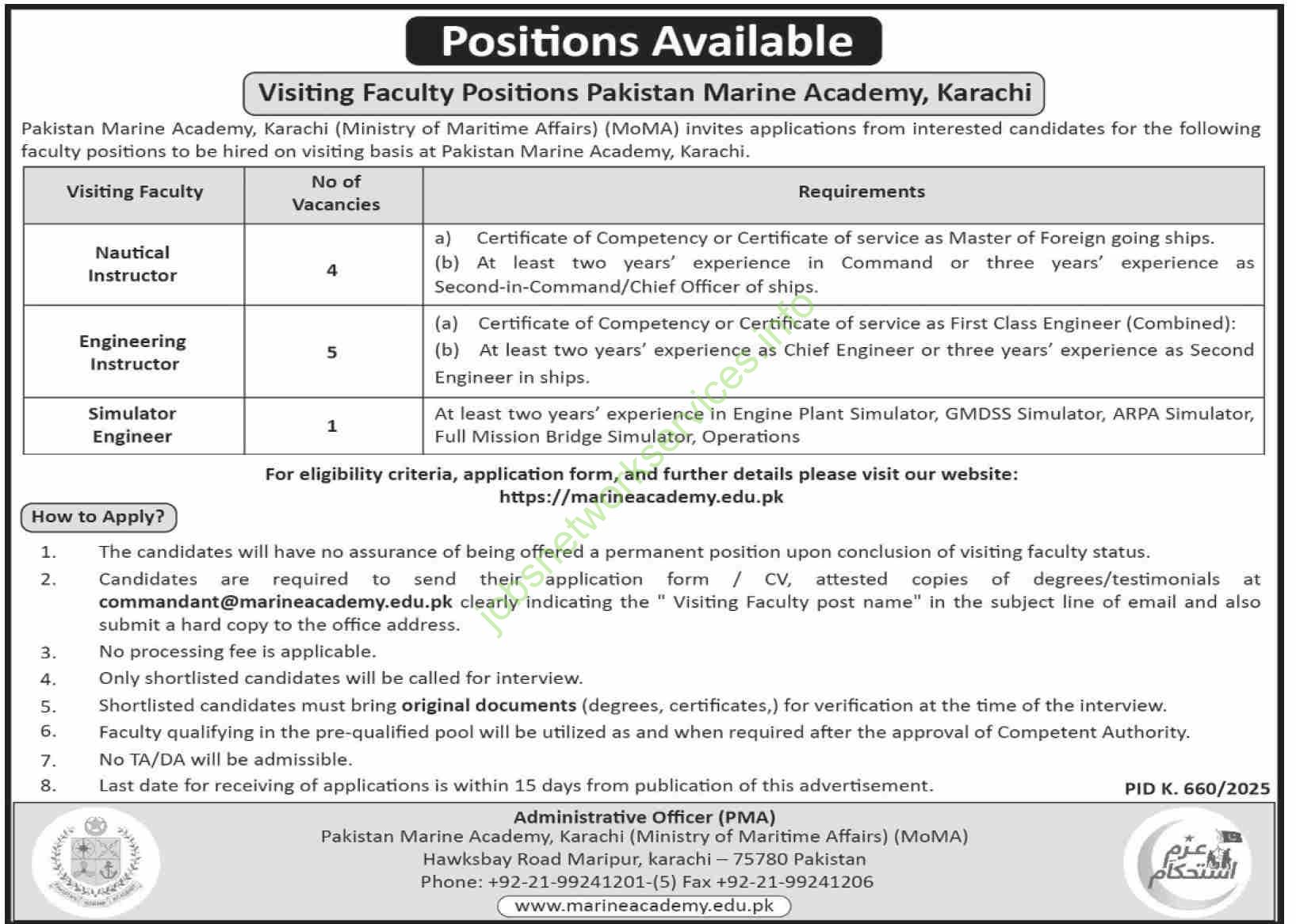 Pakistan Marine Academy, Karachi (Ministry of Maritime Affairs) (MoMA) New Jobs 2025