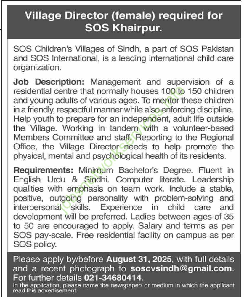 Village Director (female) required for SOS Khairpur