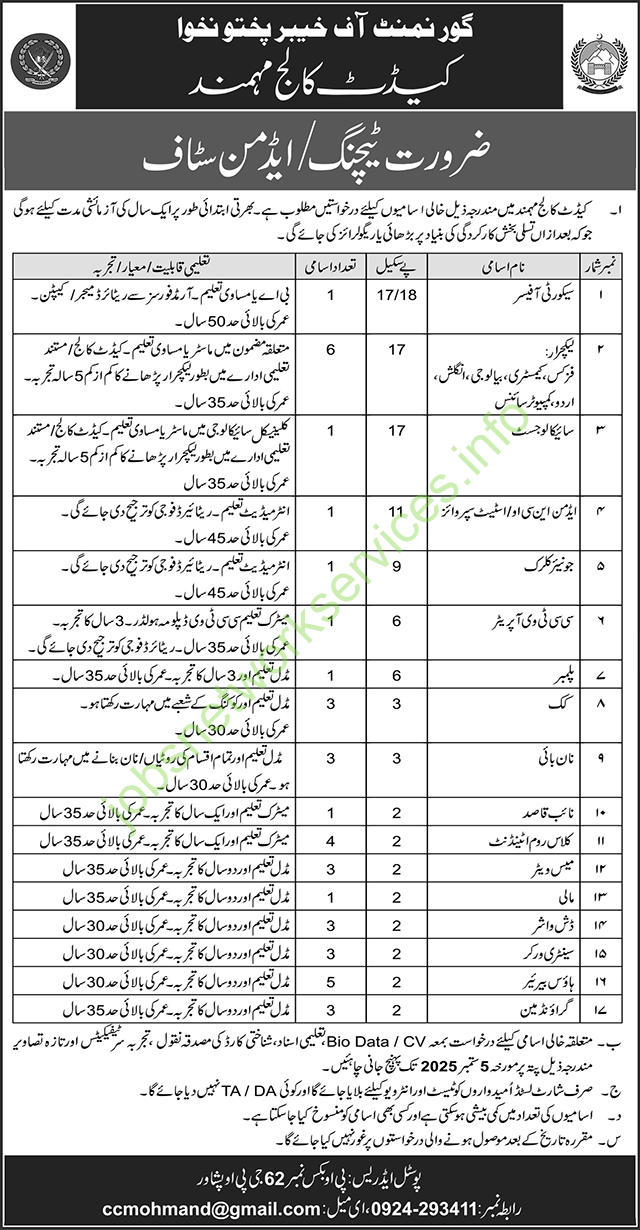 Cadet College Mohmand Required Teaching / Admin Staff 2025 Jobs Career