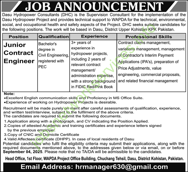 Dasu Hydropower Consultants DHC Jobs 2025