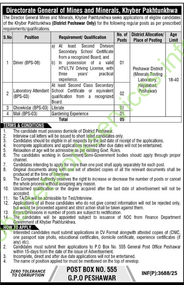 Directorate General Of Mines and Minerals Khyber Pakhtunkhwa Jobs 2025