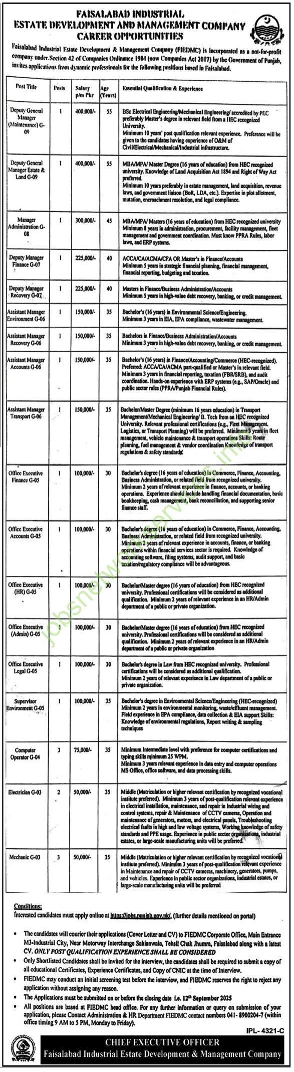 Faisalabad Industrial Estate Development and Management Company FIEDMC Jobs 2025