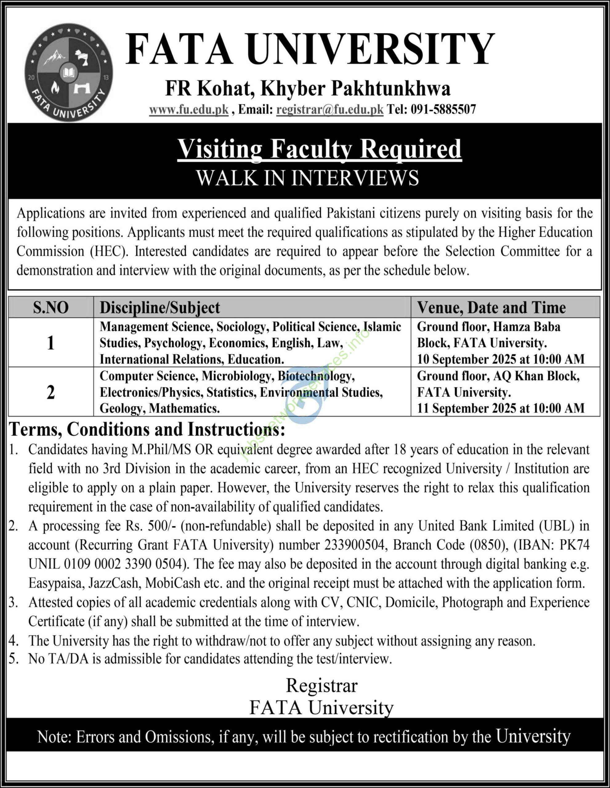 Fata University Jobs 2025