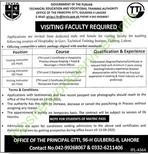 Government Technical Training Institute GTTI TEVTA Jobs 2025 at Lahore