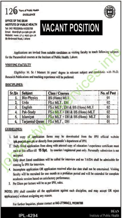 Institue of Public Health IPH New Jobs 2025