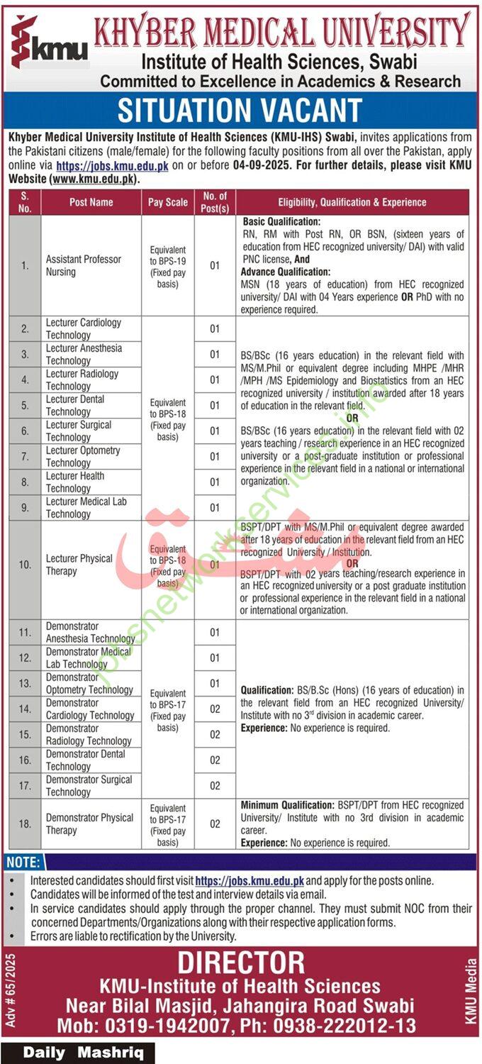 Khyber Medical University KMU Jobs 2025
