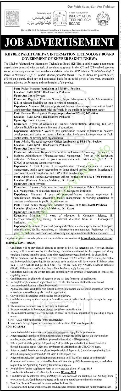 Khyber Pakhtunkhwa Information Technology Board KPITB Jobs 2025