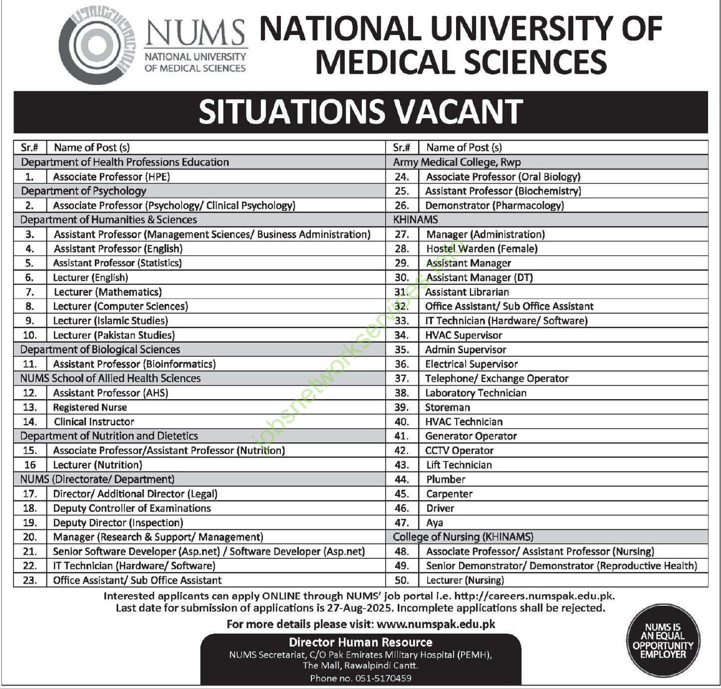 National University of Medical Sciences NUMS Jobs 2025