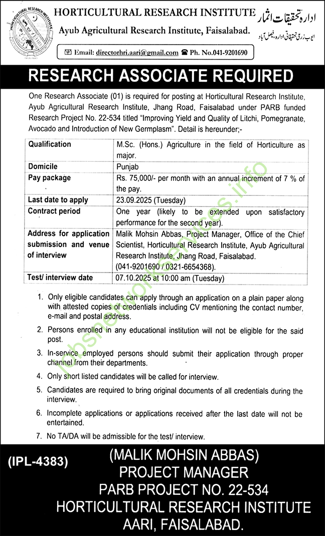 Horticultural Research Institute, Ayub Agricultural Research Institute Faisalabad Jobs 2025