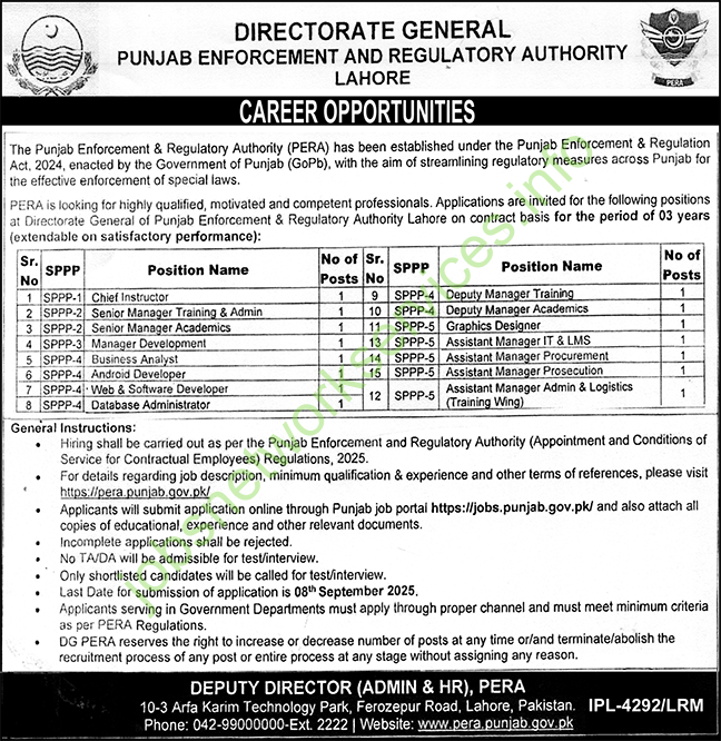 Punjab Enforcement & Regulatory Authority (PERA) Jobs 2025 Online Apply Now