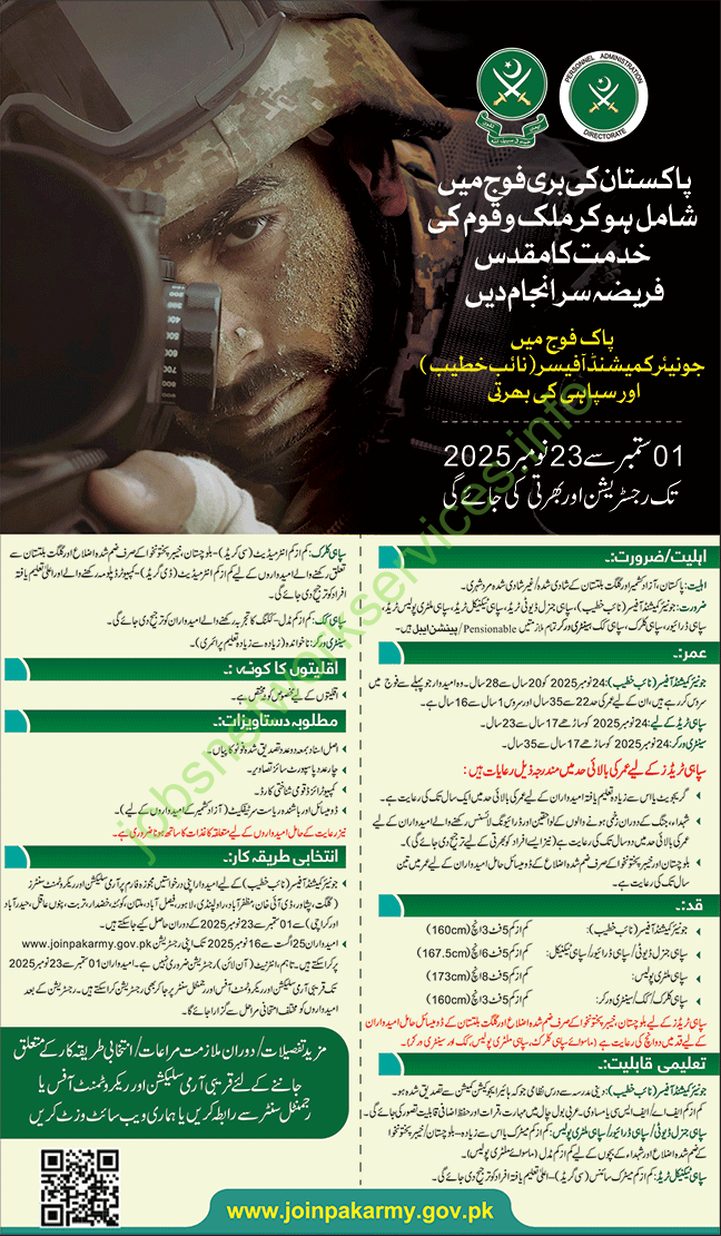 Join Pakistan Army as Recruitment of Junior Commissioned Officers (Naib Khateeb) and Soldiers (Sipahi)